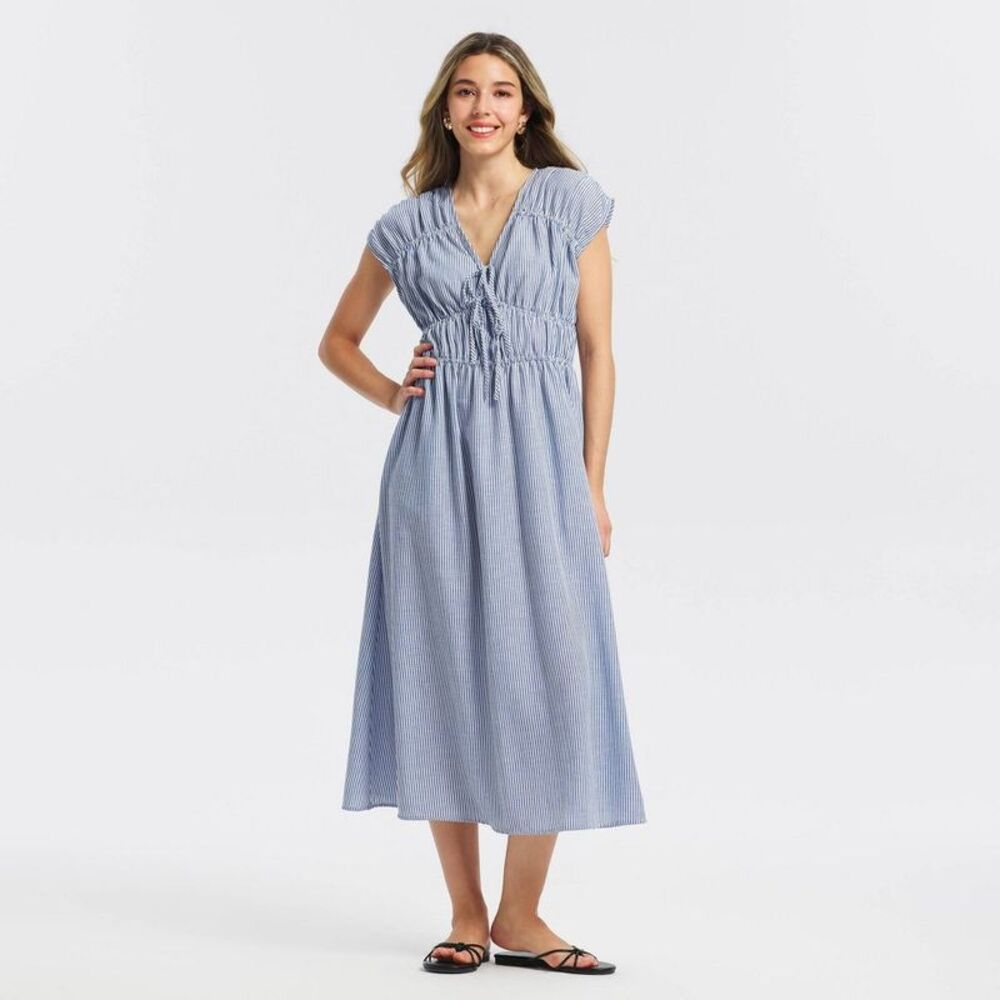 Women's Ruched Midi A-Line Dress - A New Day Blue Striped M